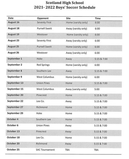 2021-2022 Boys' Soccer Schedule